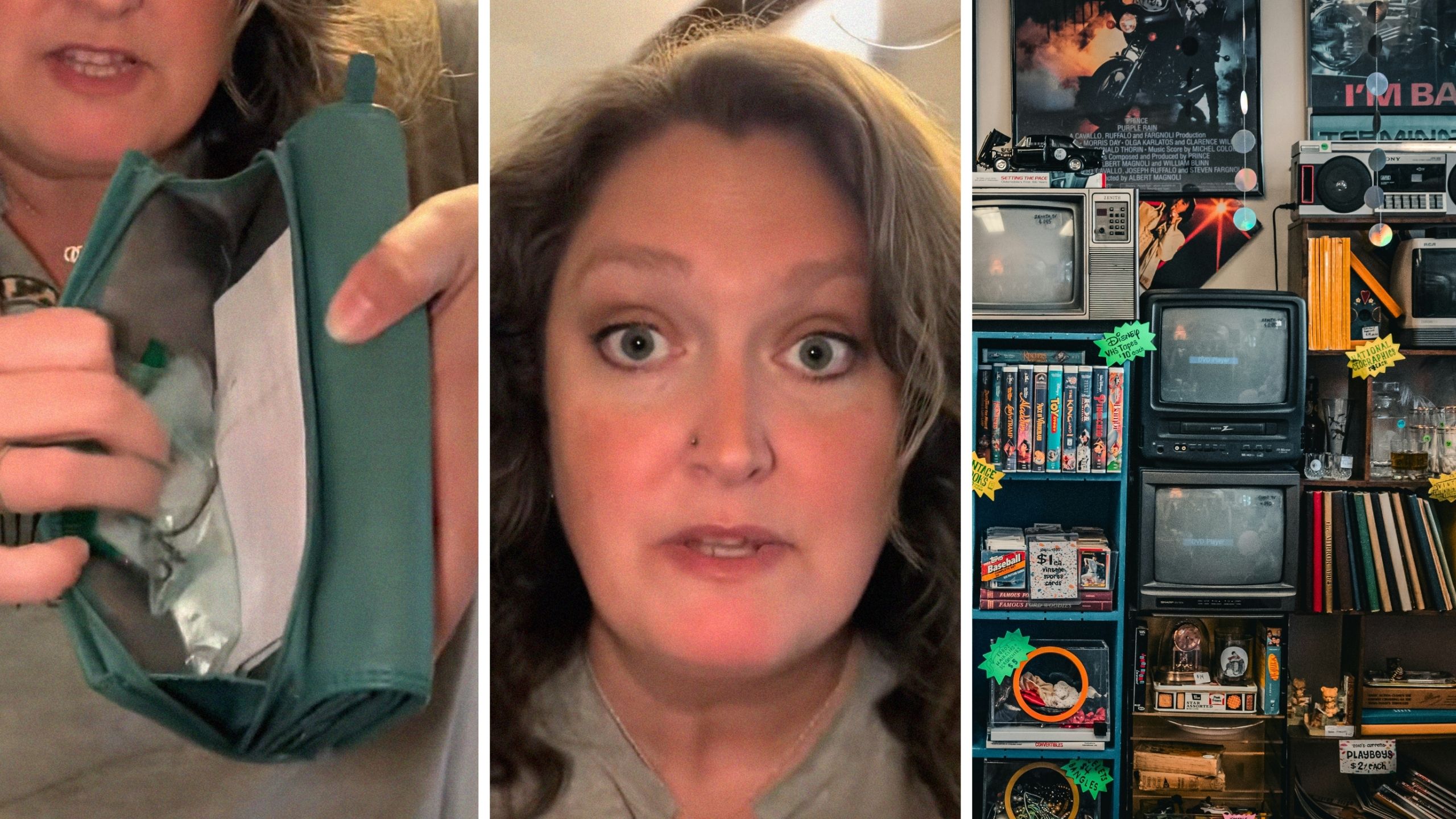 thrift wallet (l) woman shares thrifting purchase (c) Thrift Store (r)