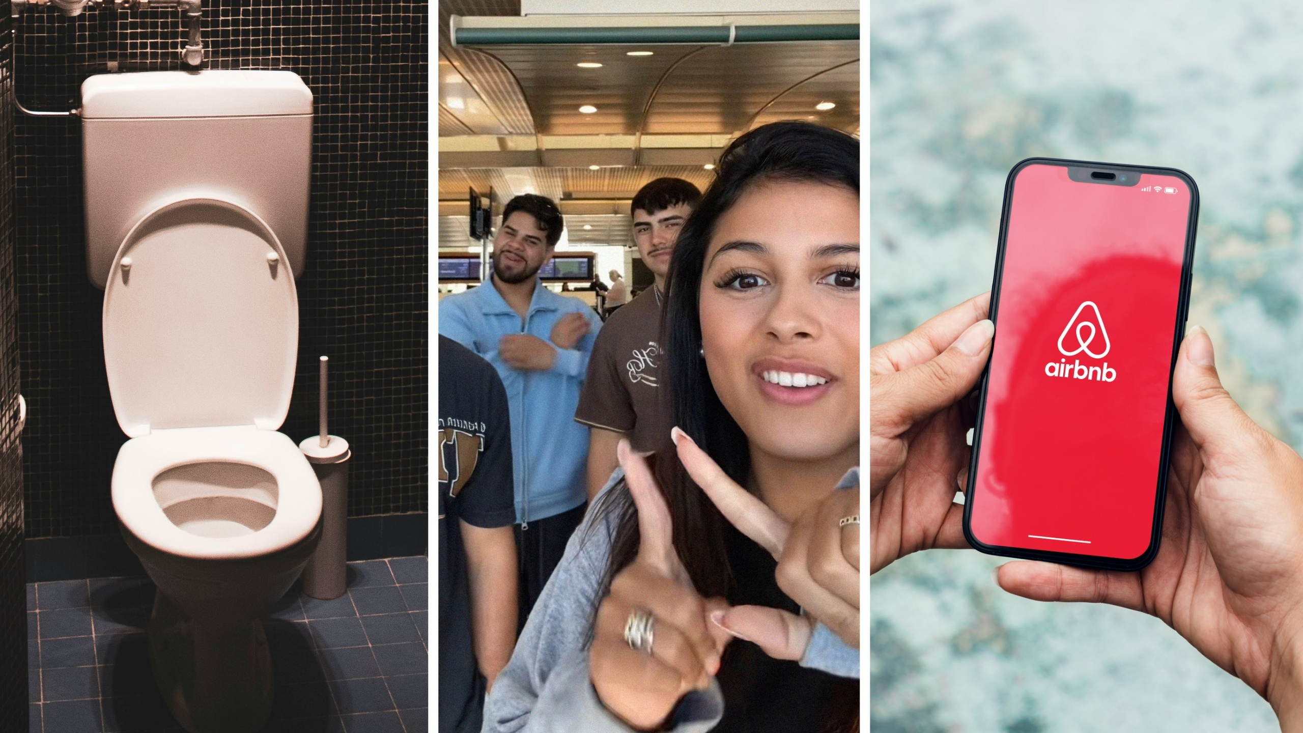 restroom door is open (l) group of friends share air bnb experience (c) airbnb app (r)