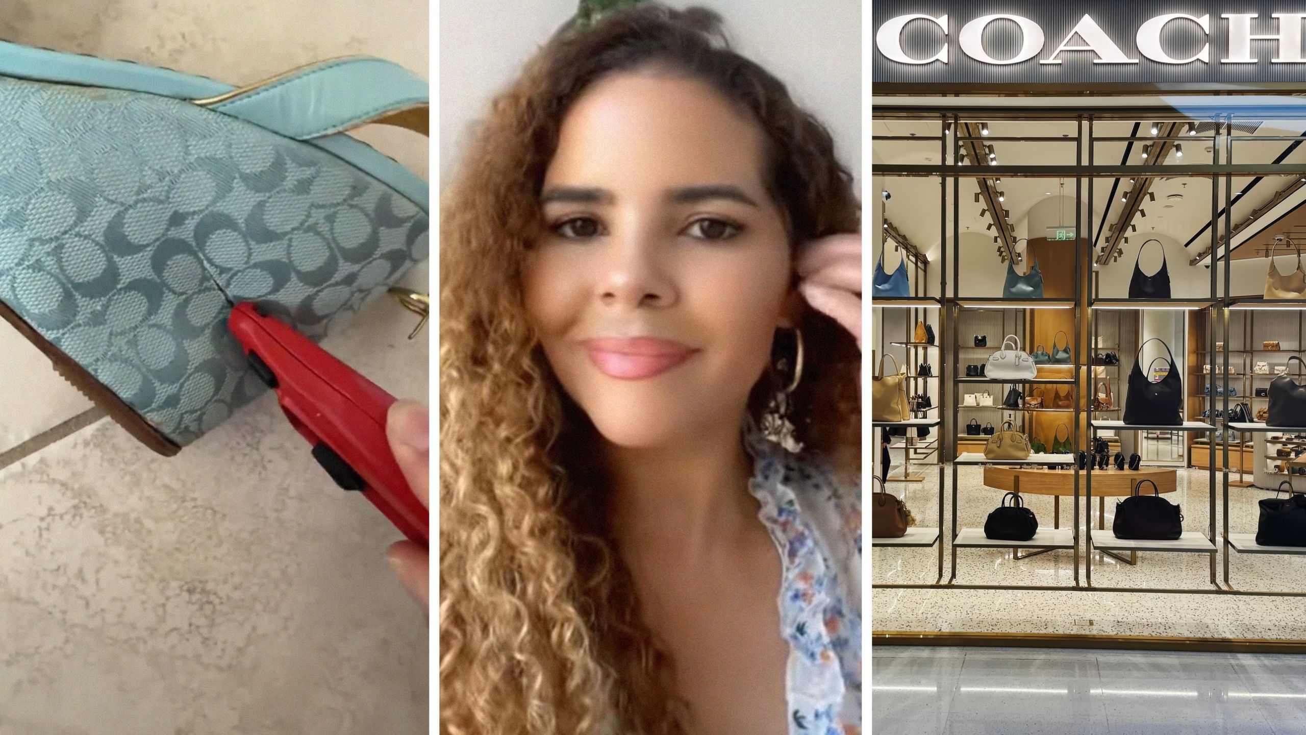 $129 Coach wedge sandals (l) woman shares shoes observation (c) Coach Storefront (r)