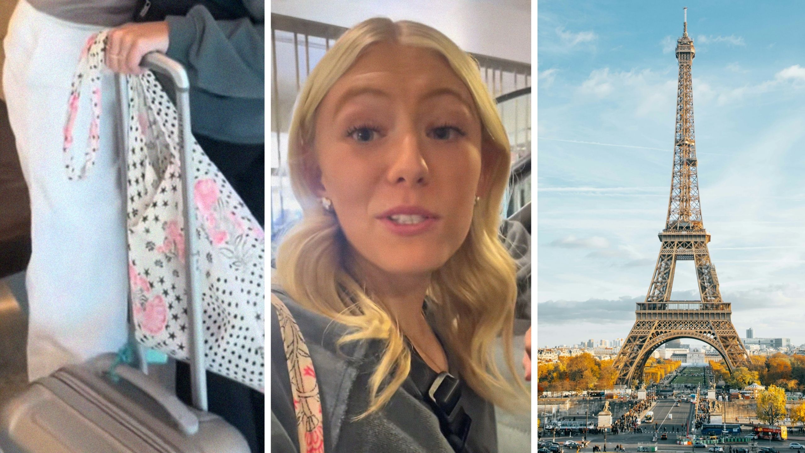 woman holding her carry on (l) woman shares how she surprises her partner (c) eiffel tower (r)