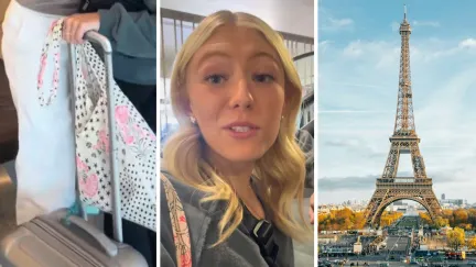 woman holding her carry on (l) woman shares how she surprises her partner (c) eiffel tower (r)