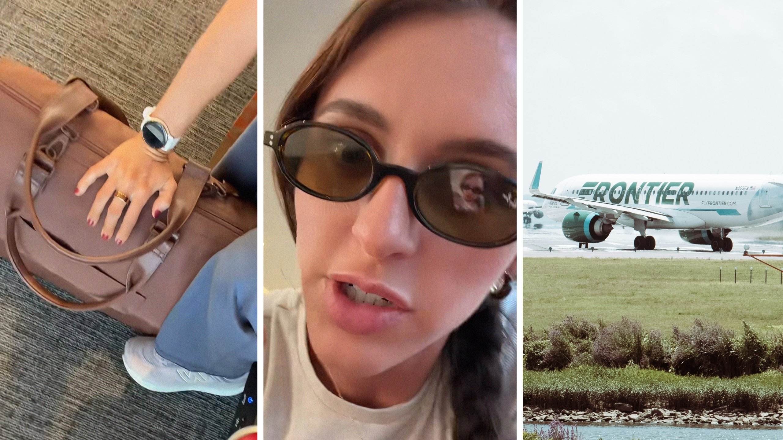 carry on bag (l) woman shares traveling experience (c) Frontier airlines aircraft (r)