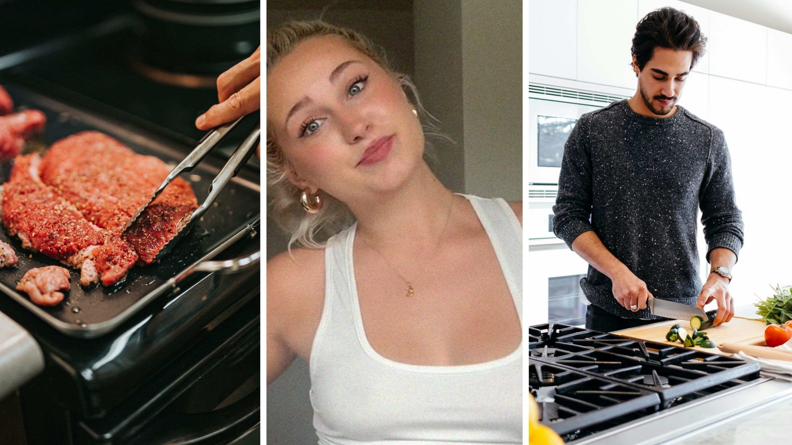 steak cooking (l) woman shares dating experience (c) man cooking for woman (r)