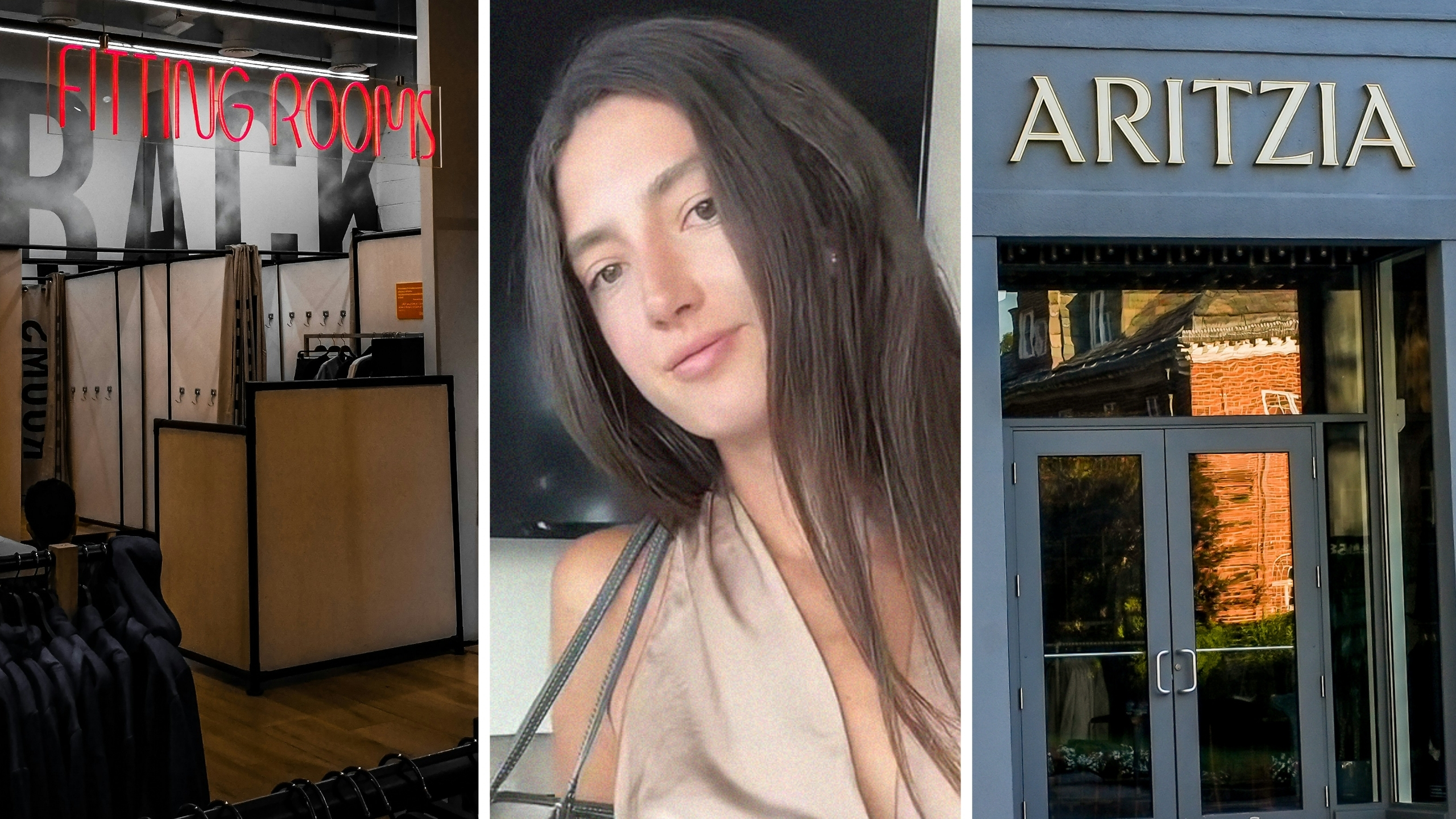 fitting rooms (l) woman shares shopping experience (c) Aritzia store entrance (r)