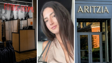 fitting rooms (l) woman shares shopping experience (c) Aritzia store entrance (r)
