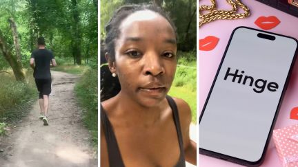 man running on a date (l) woman shares hinge date experience (c) Hinge dating app (r)