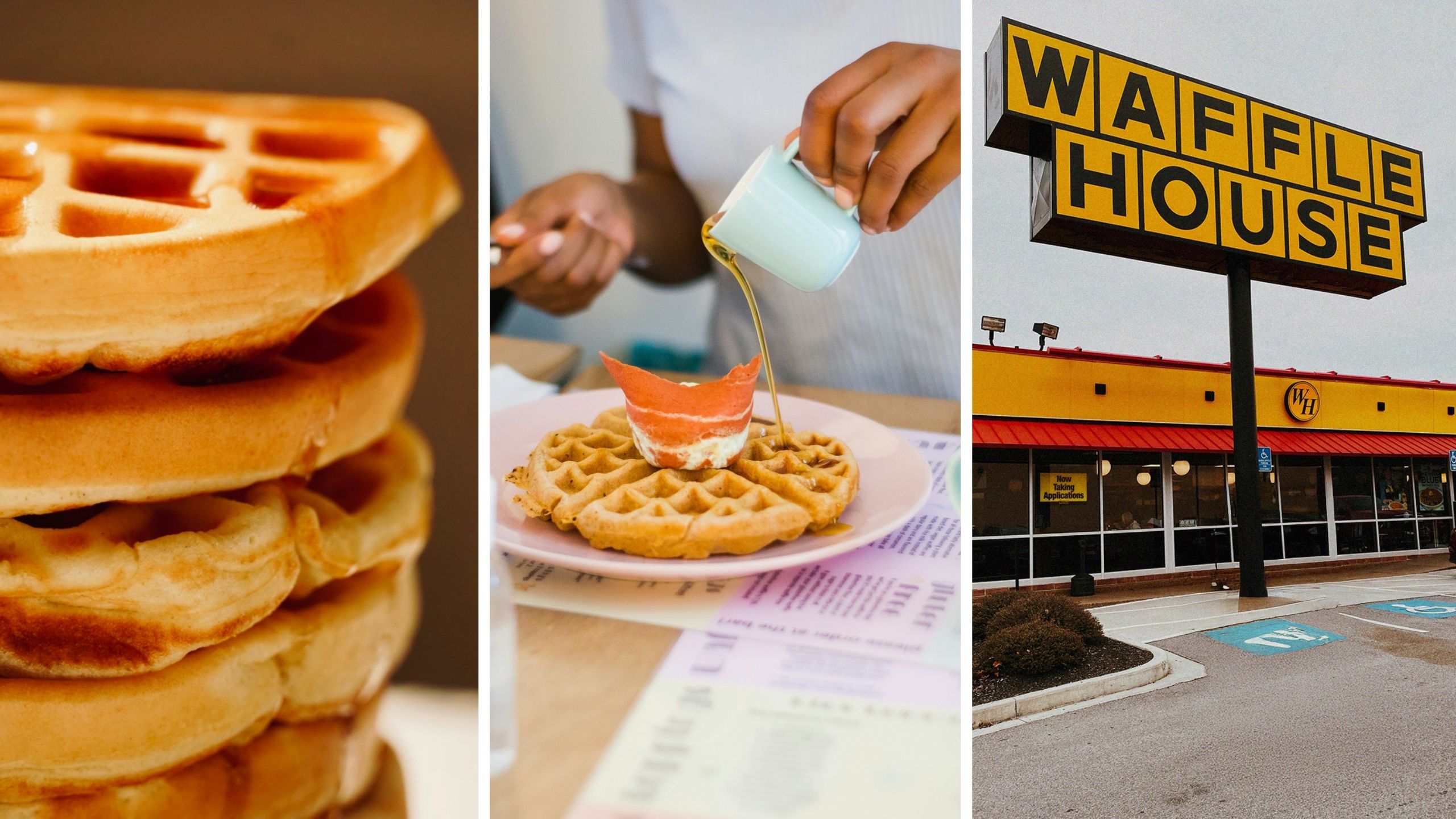 crispy waffles (l) woman orders waffles for breakfast (c) Waffle House entrance (r)