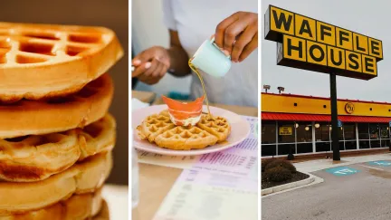 crispy waffles (l) woman orders waffles for breakfast (c) Waffle House entrance (r)