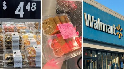 cookies shelf (l) woman paying for cookies (c) walmart storefront (r)
