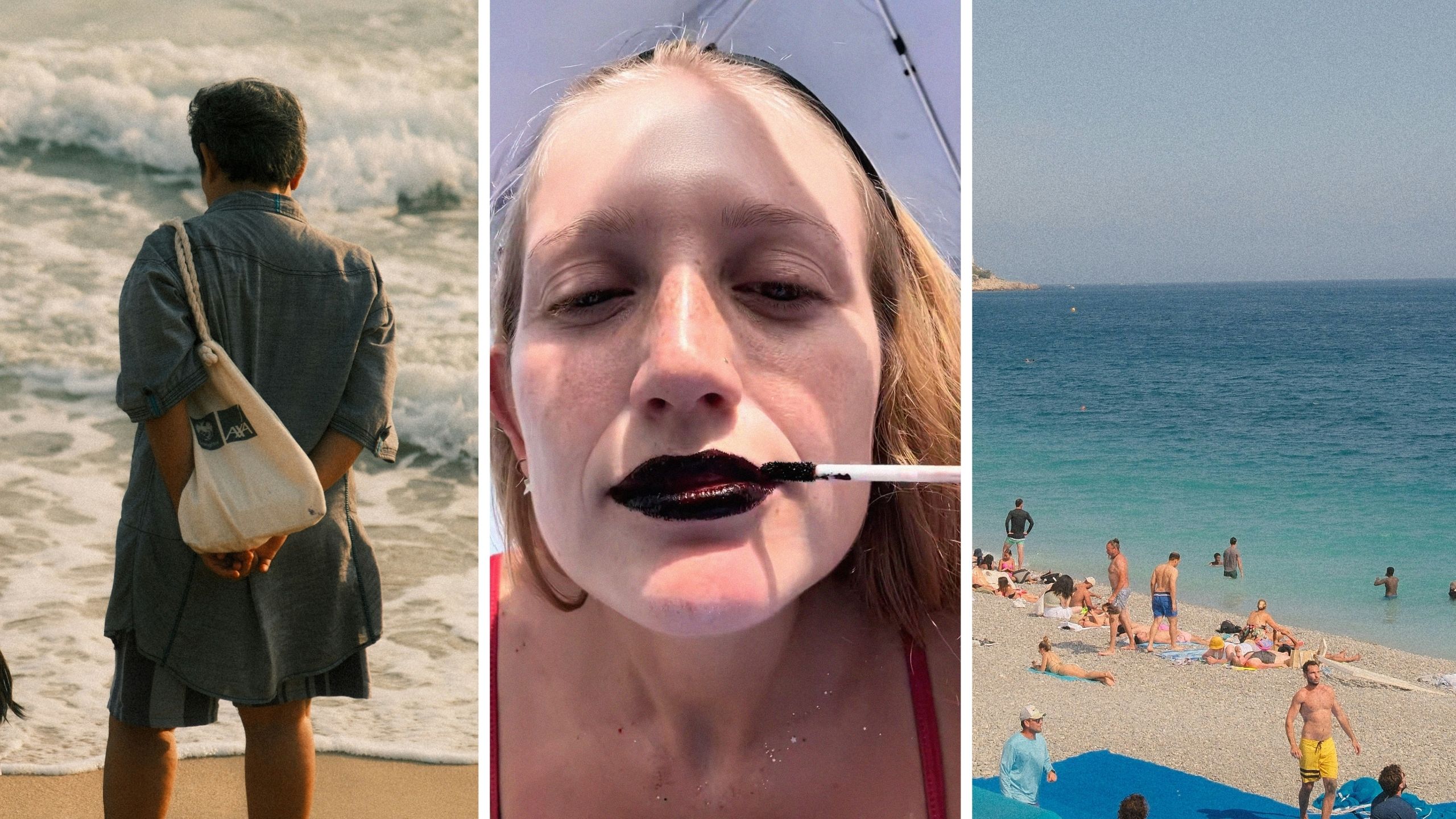 man approaches woman at beach (l) woman shares beach experience (c) public beach (r)