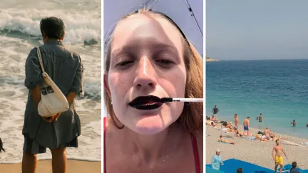 man approaches woman at beach (l) woman shares beach experience (c) public beach (r)