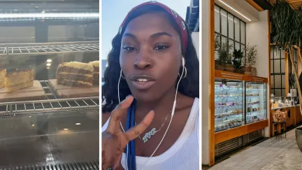 carrot cake on display (l) woman shares bakery observation (c) bakery interior (r)