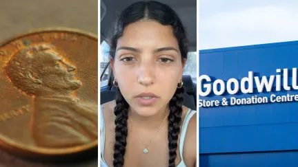 single penny (l) woman shares Goodwill experience (c) Goodwill storefront (r)