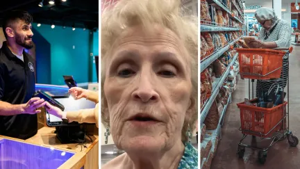 woman checking out from store (l) woman shares grocery store hack (c) woman grocery shopping (r)