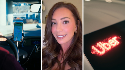 uber gps (l) woman shares uber experience (c) Uber car (r)