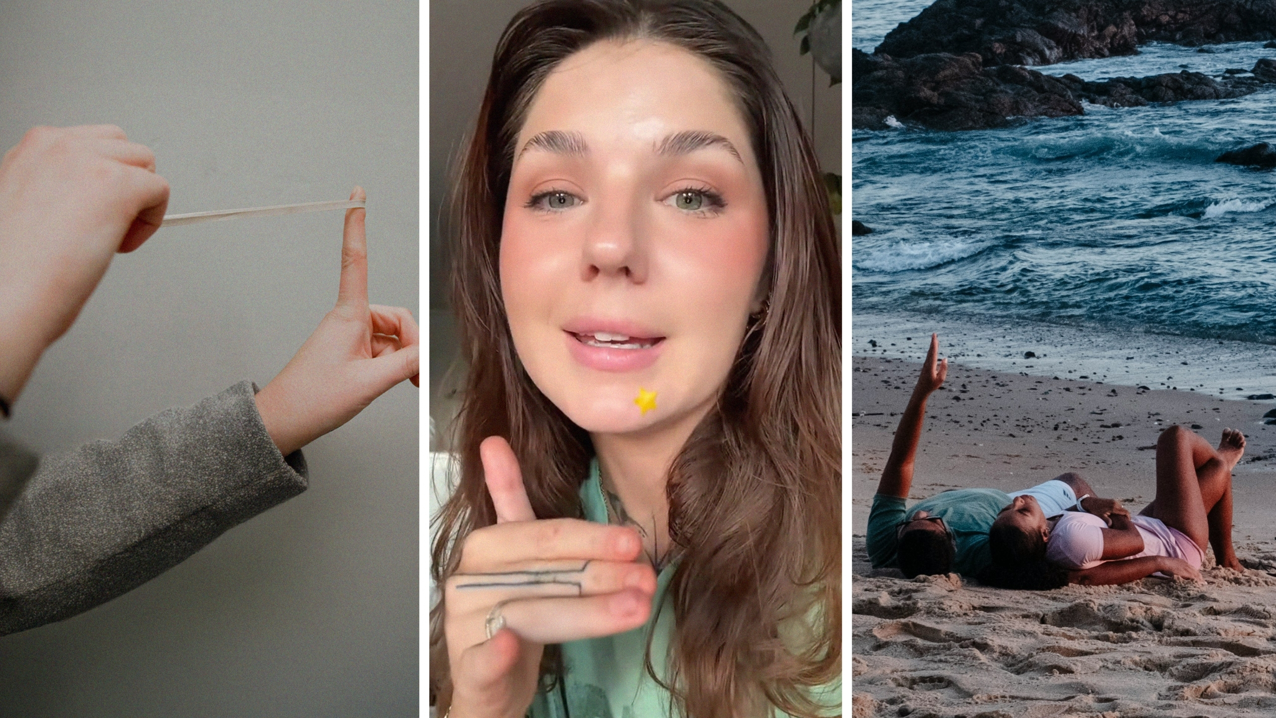 rubber band on hand (l) woman shares dating experience (c) woman laying at beach (r)