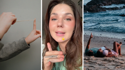 rubber band on hand (l) woman shares dating experience (c) woman laying at beach (r)