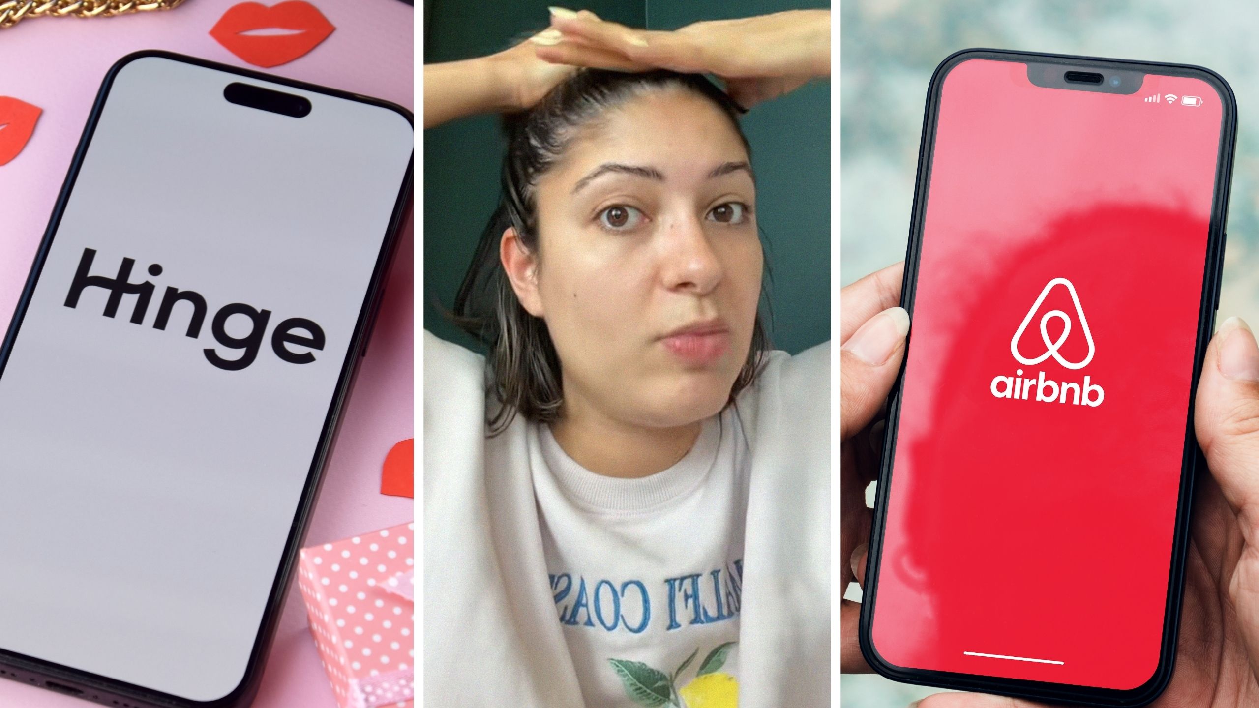 Hinge dating app (l) woman shares online dating experience (c) airbnb app (r)