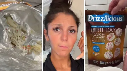 empty bag of snacks (l) woman shares snack issue (c) Drizzilicious snack bag (r)