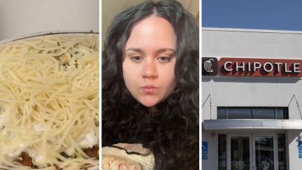 Chipotle bowl (l) woman shares food order issue (c) Chipotle front entrance (r)