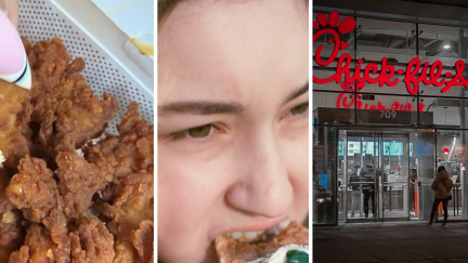 chicken strips (l) woman eating chicken (c) Chick-fil-A fast food (r)