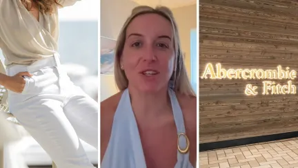 white jeans (l) woman shares Abercrombie purchase issue (c) abercrombie and fitch storefront (r)