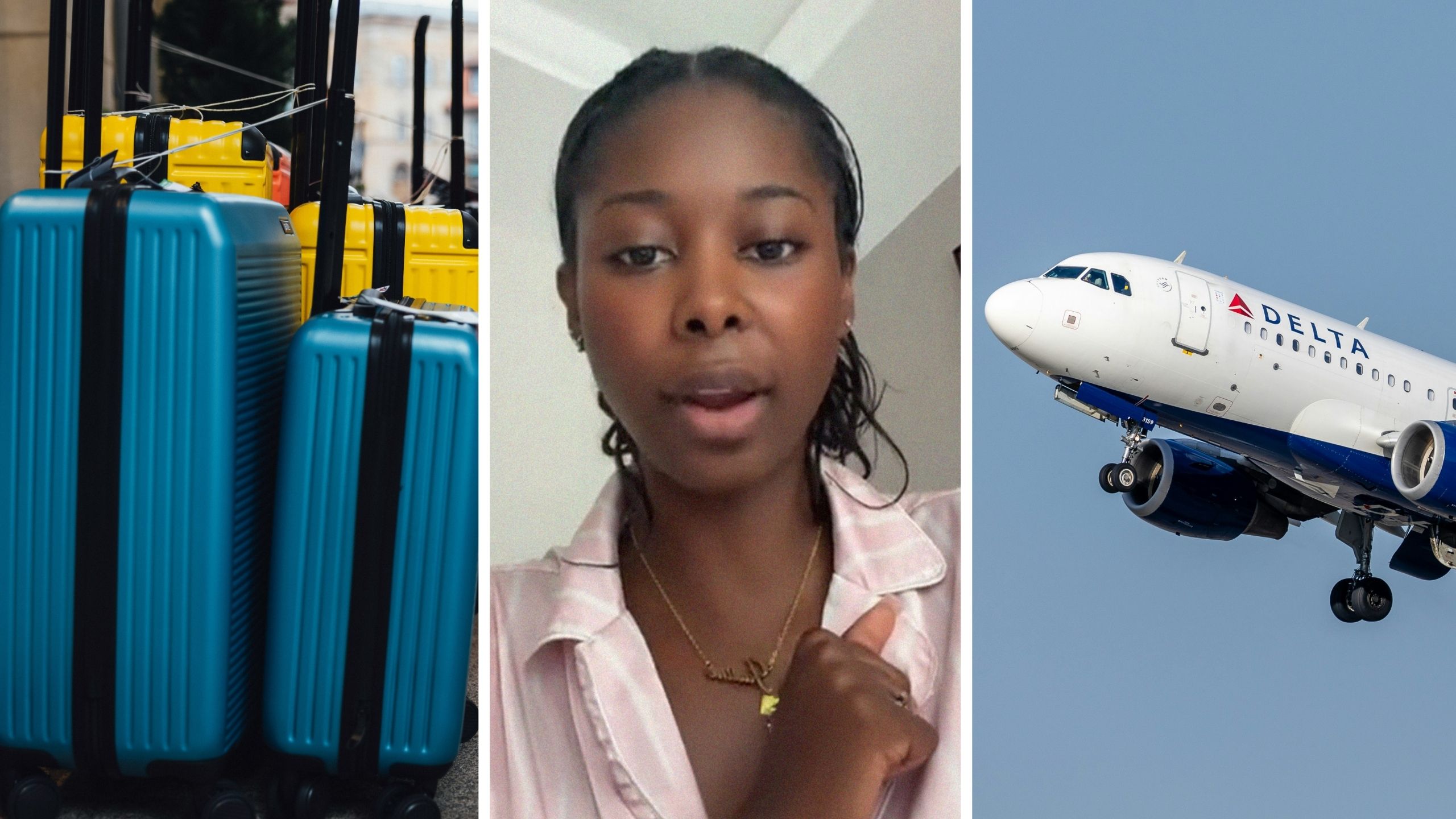 check-in luggage (l) woman shares Delta airlines (c) Delta aircraft (r)