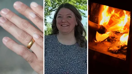 gold wedding ring (l) woman shares funeral home issue (c) flames during cremation (r)