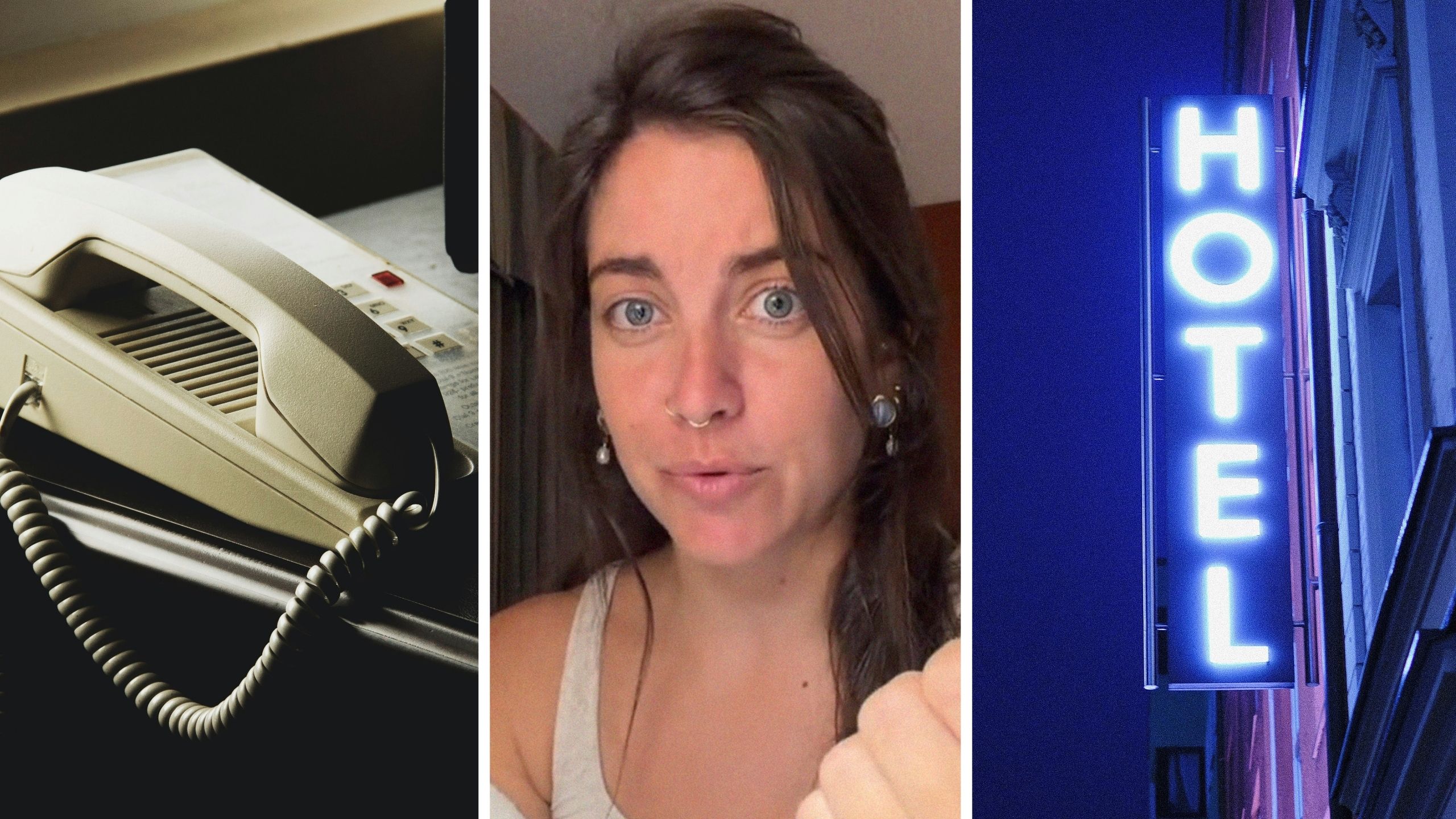 hotel phone (l) woman shares hotel experience (c) Hotel sign (r)