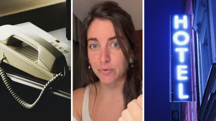 hotel phone (l) woman shares hotel experience (c) Hotel sign (r)