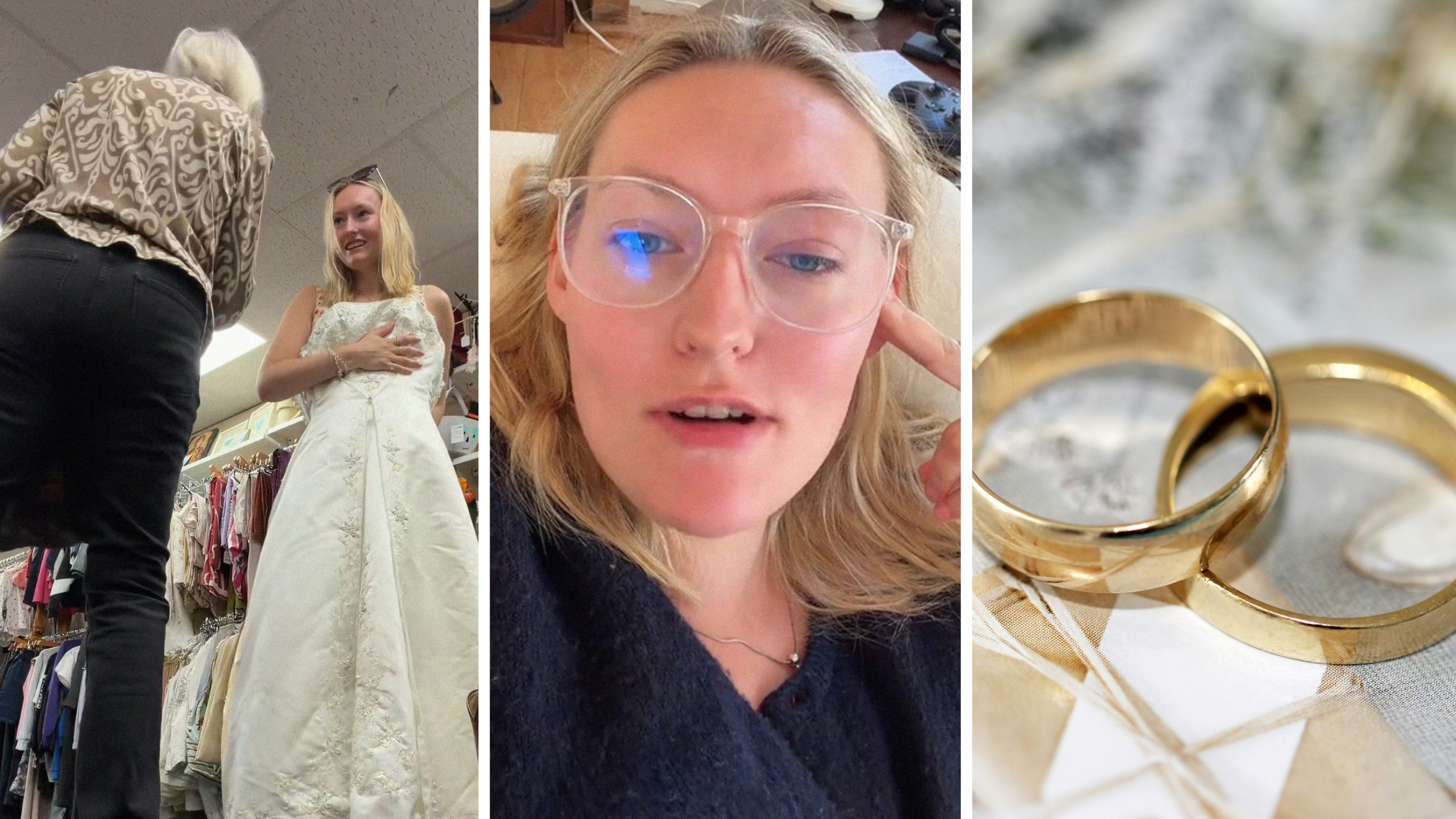 woman trying on wedding dress (l) woman shares dress shopping experience (c) wedding rings (r)