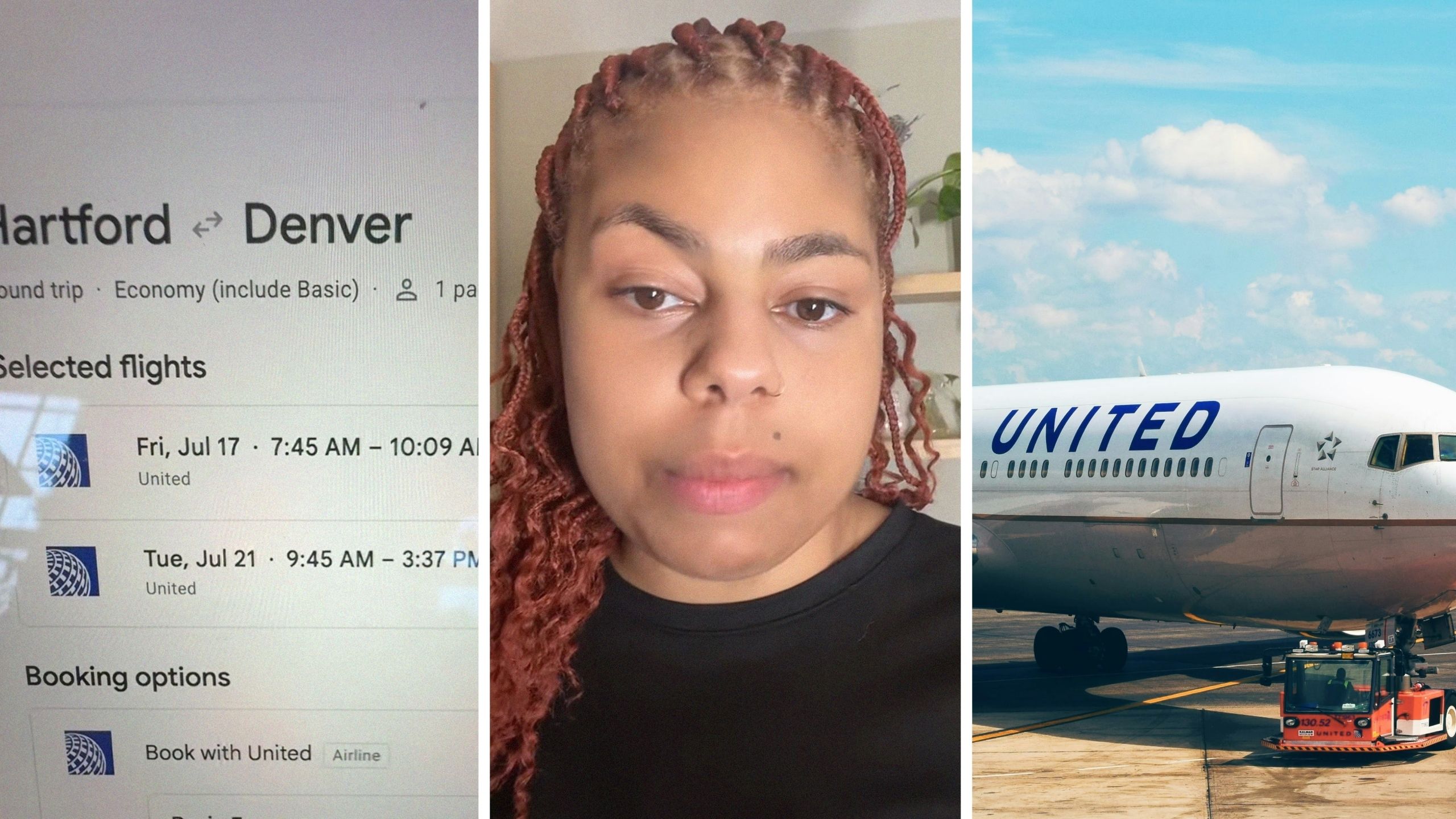 booking flight (l) woman shares booking flight observation (c) United airlines aircraft (r)