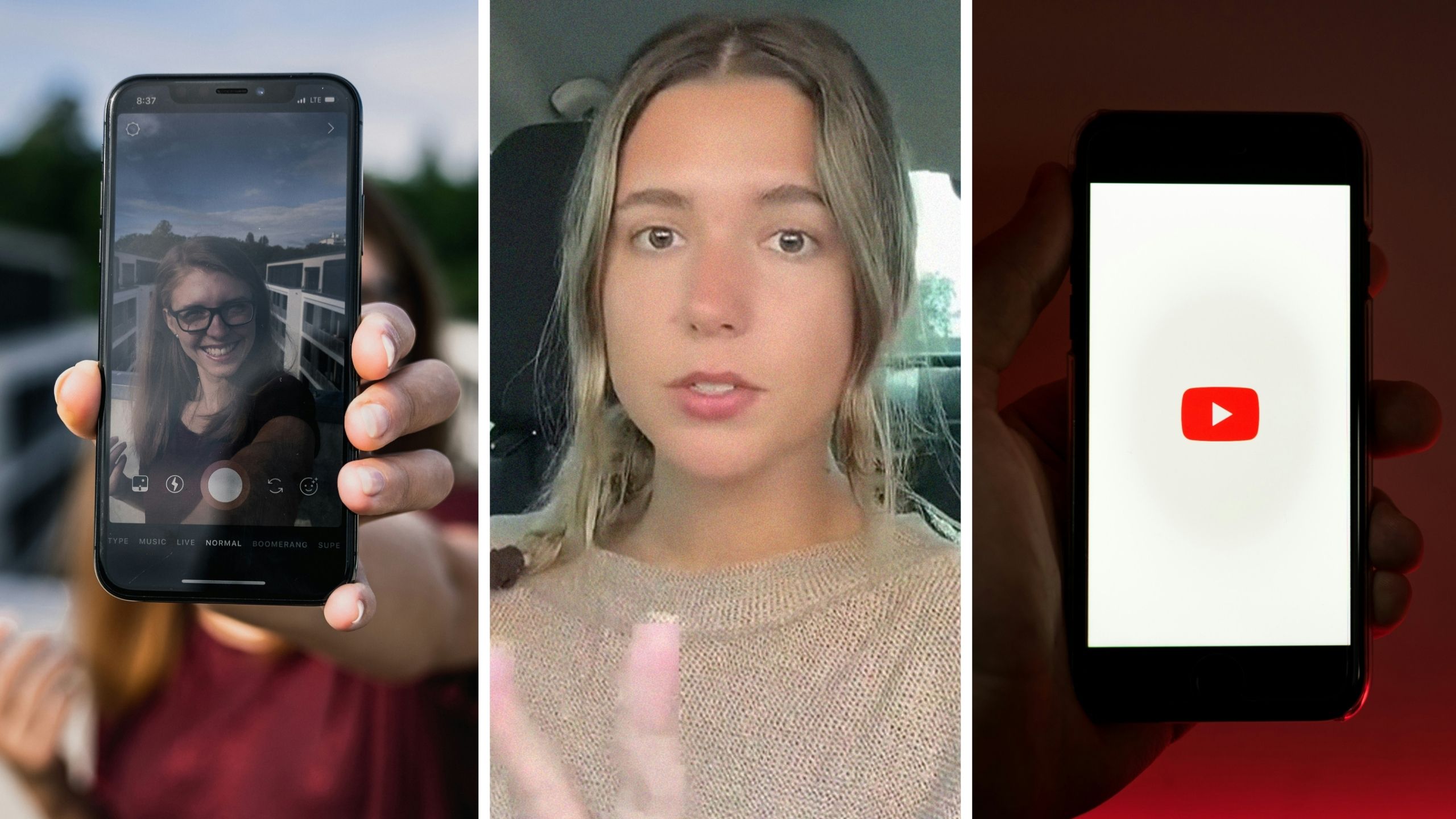 iphone camera (l) woman warns iphone users (c) YouTube app (r)