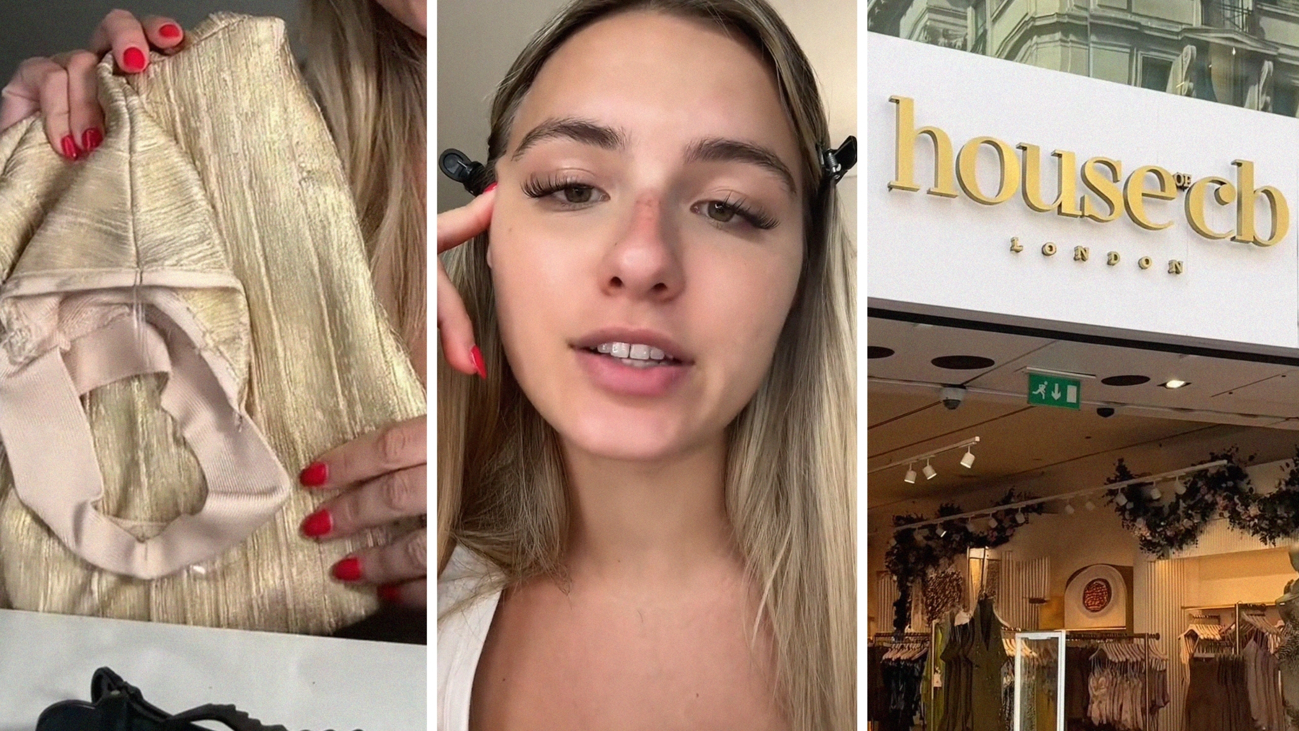 folded dress (l) woman shares dress issue (c) House of CB storefront (r)