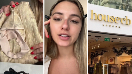 folded dress (l) woman shares dress issue (c) House of CB storefront (r)