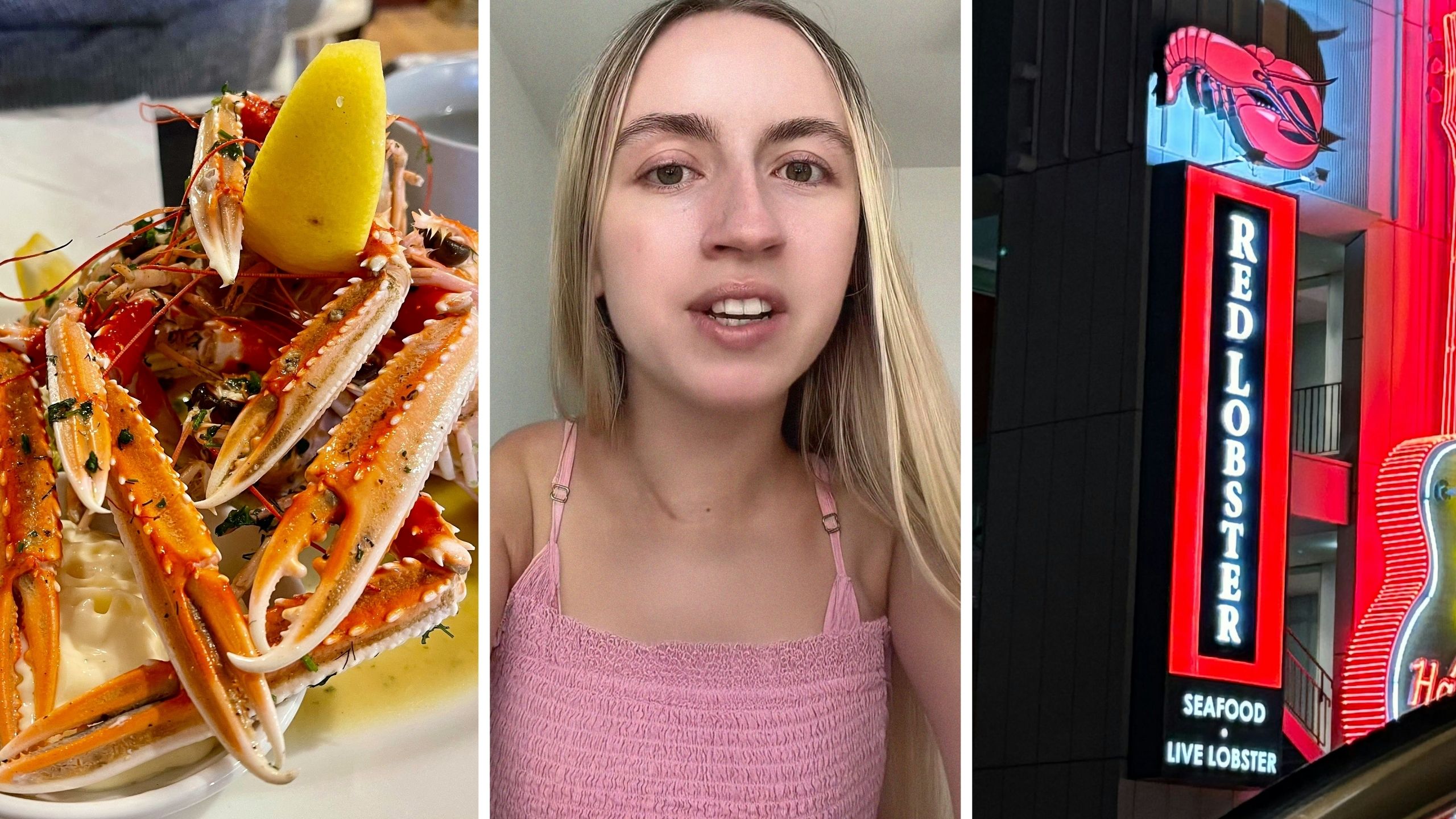 crab legs (l) woman shares Red Lobster experience (c) Red Lobster entrance (r)