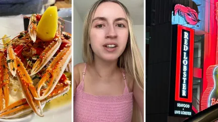 crab legs (l) woman shares Red Lobster experience (c) Red Lobster entrance (r)