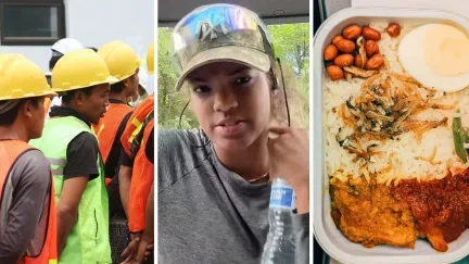 group of working men (l) woman shares working with men experience (c) lunch box of homemade food (r)