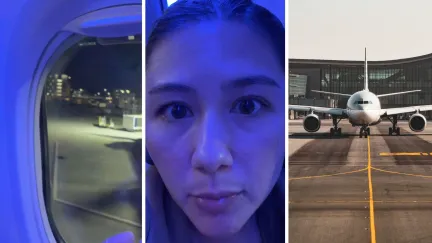 plane window (l) woman shares flight issue (c) plane landed (r)