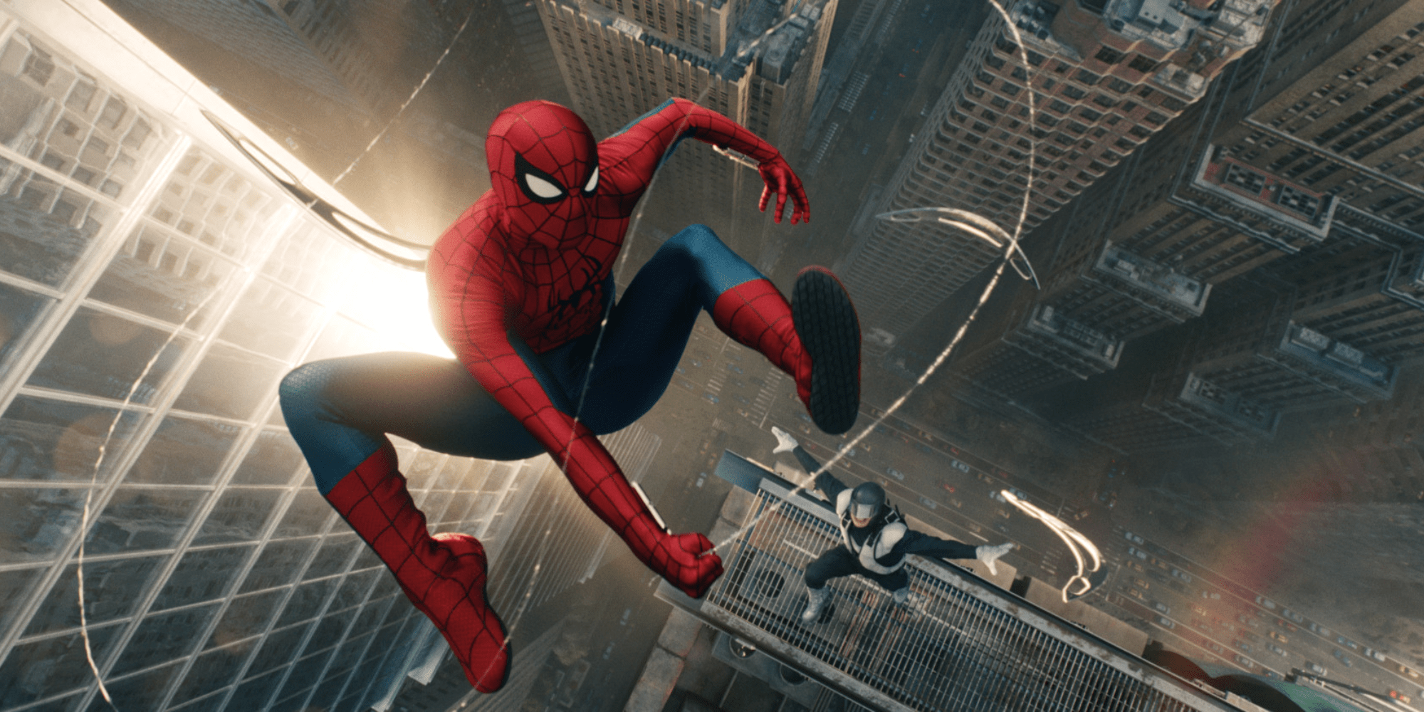 A still from 'Spider-Man: Brand New Day' showing Spider-Man swing through the city