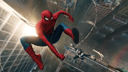 A still from 'Spider-Man: Brand New Day' showing Spider-Man swing through the city