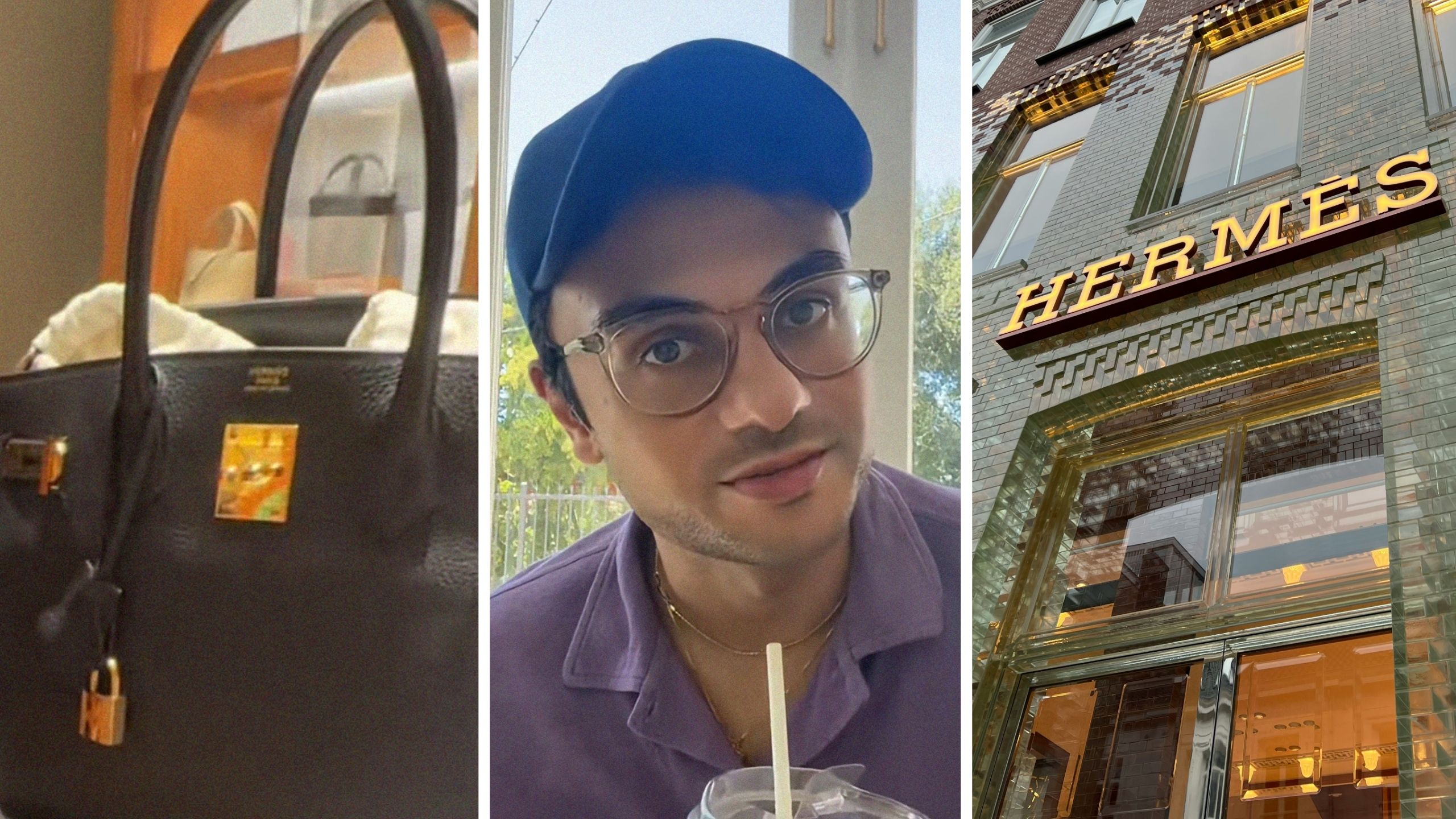 Hermes bag (l) man shares Hermes shopping hack (c) Hermes storefront (r)