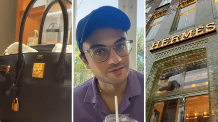 Hermes bag (l) man shares Hermes shopping hack (c) Hermes storefront (r)