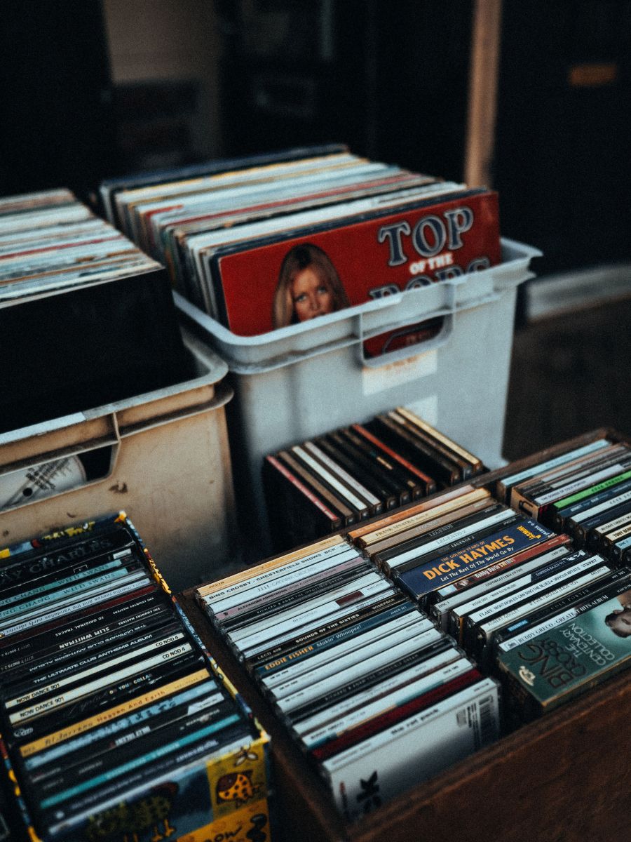 CDs and vinyl records in boxes