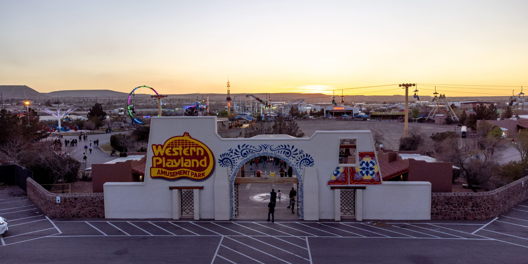 a drone shot of the front of Western Playland amusement park