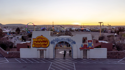 a drone shot of the front of Western Playland amusement park