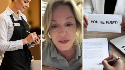 server taking orders (l) woman shares how her job came to an end (c) boss fires employee (r)