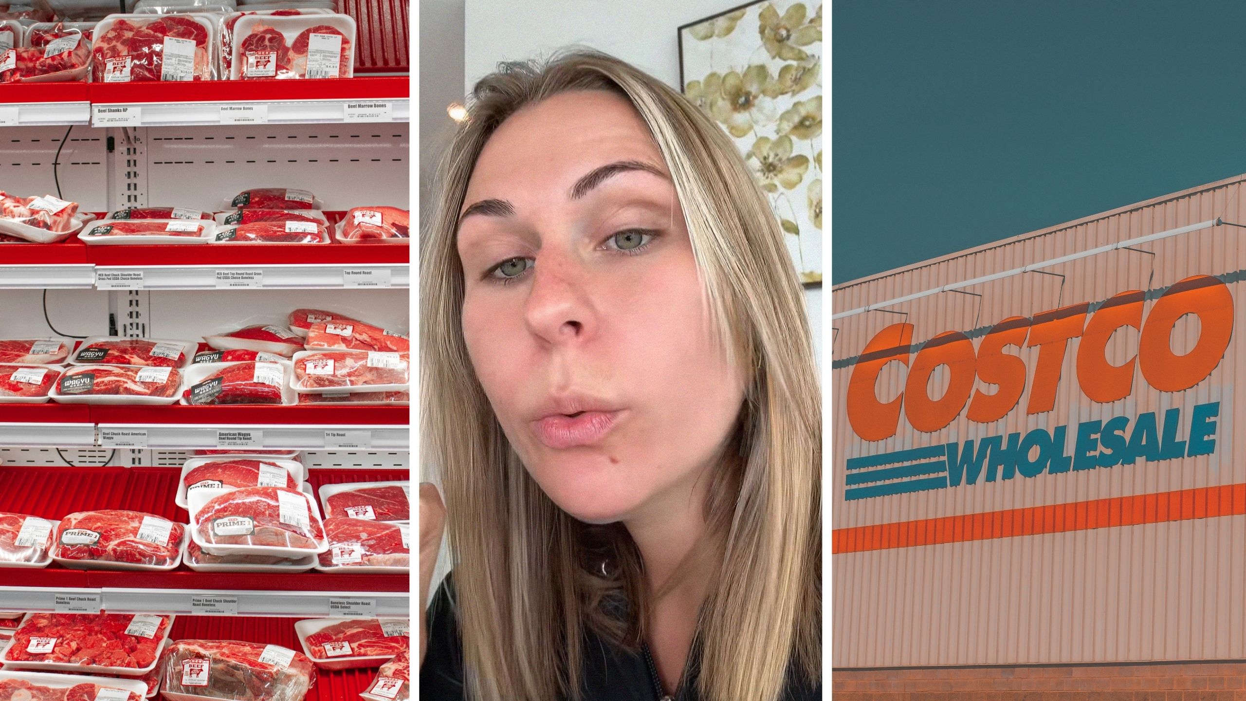 packaged meat (l) woman shares meat purchase issue (c) Costco storefront (r)