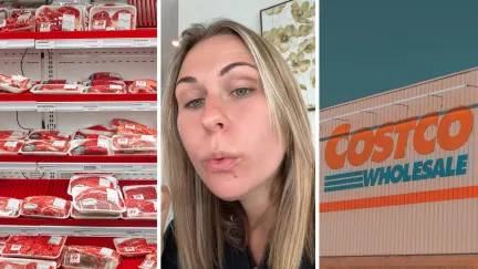 packaged meat (l) woman shares meat purchase issue (c) Costco storefront (r)