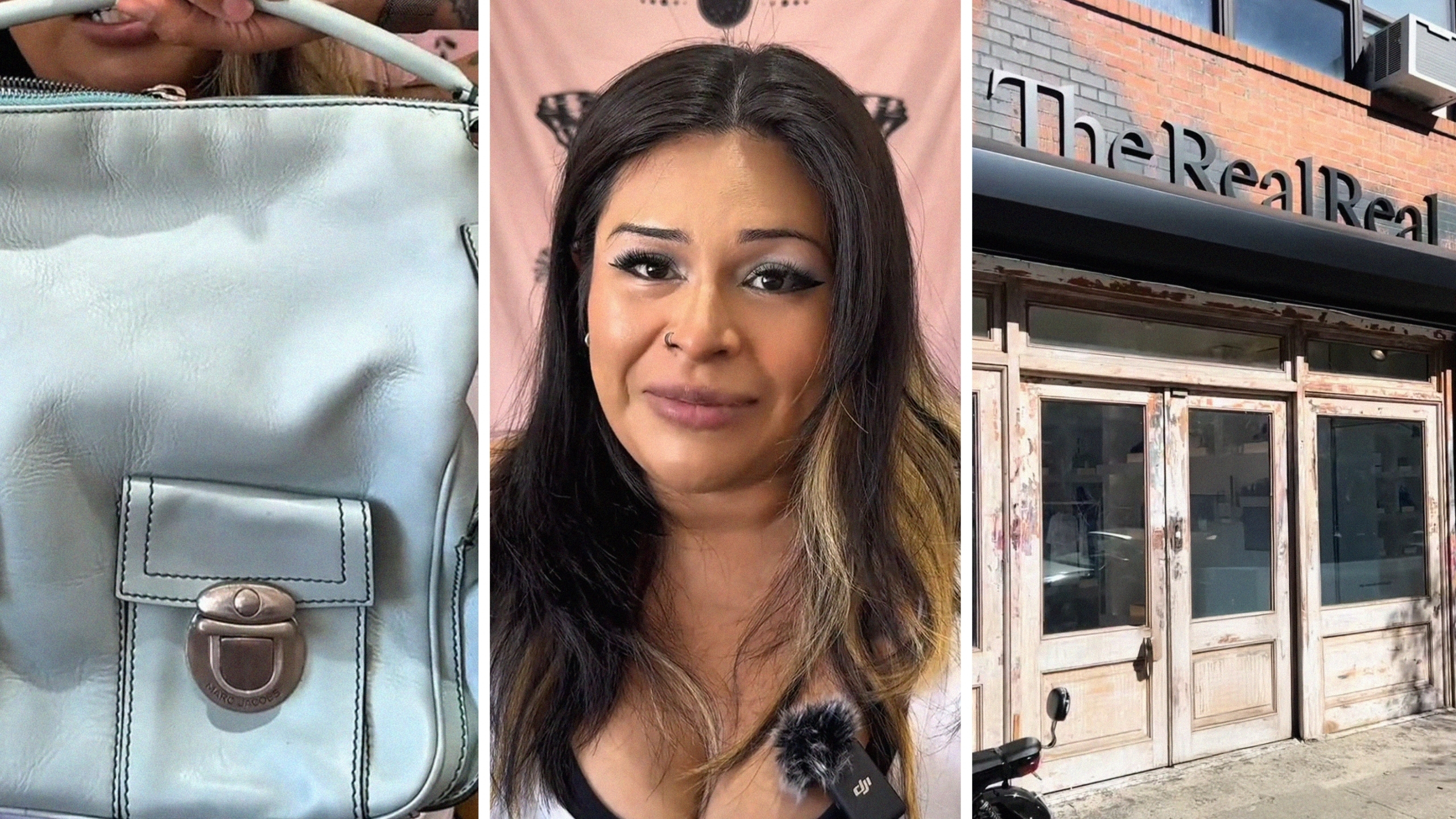 marc jacobs bag (l) woman shares purchase issue (c) The Real Real storefront (r)